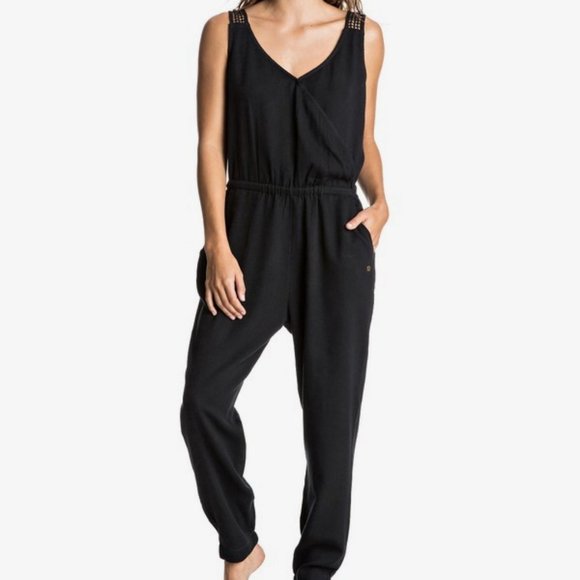 Roxy Pants - Roxy Jumpsuit Romper Medium Sleeveless Black One Piece Cotton Crochet Pockets